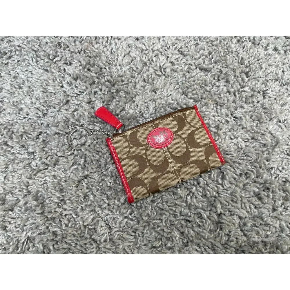 Coach Brown Tan Pink CC ID Holder Key Chain Keychain Jacquard Fabric